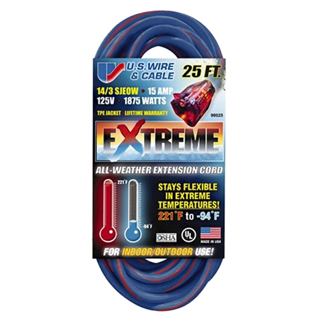 25', 14/3 sjeow, 1875 watts, extreme extension cord, lighted end, blue