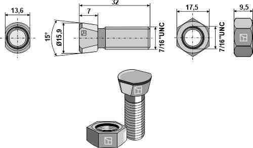 Ploegbout 7/16''UNCx32 met zeskantmoer