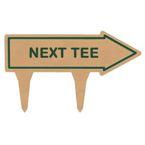 15" engraved plastic direction arrow - "next tee" - tan with green