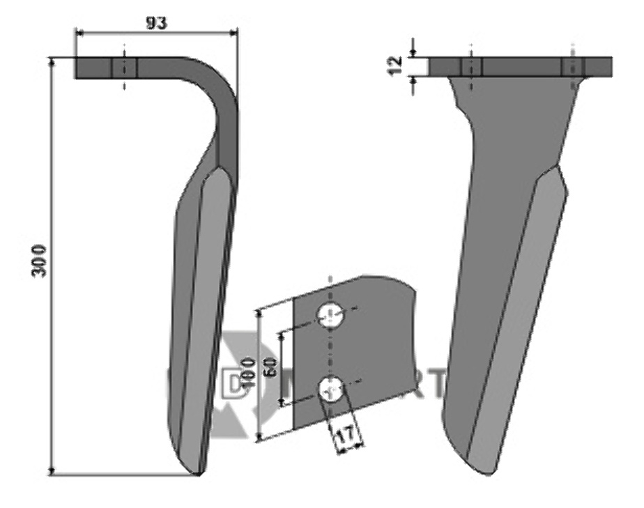 Tine for rotary harrows, left model fitting for Alpego D01271