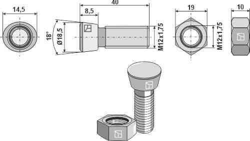 Ploegbout M12x1,75x40 met zeskantmoer (nieuw) passend voor Rabe 2700.41.14