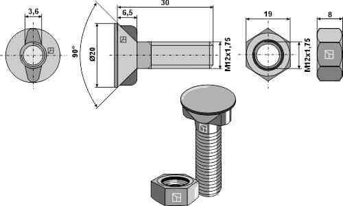 Ploegbout M12 x 1,75 x 30 met zeskantmoer passend voor Niemeyer 502510