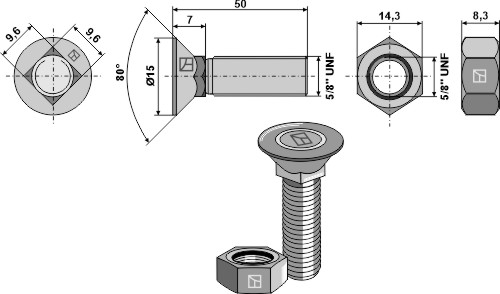 Ploegbout 5/8'' unf x 50 met zeskantmoer 5850f8