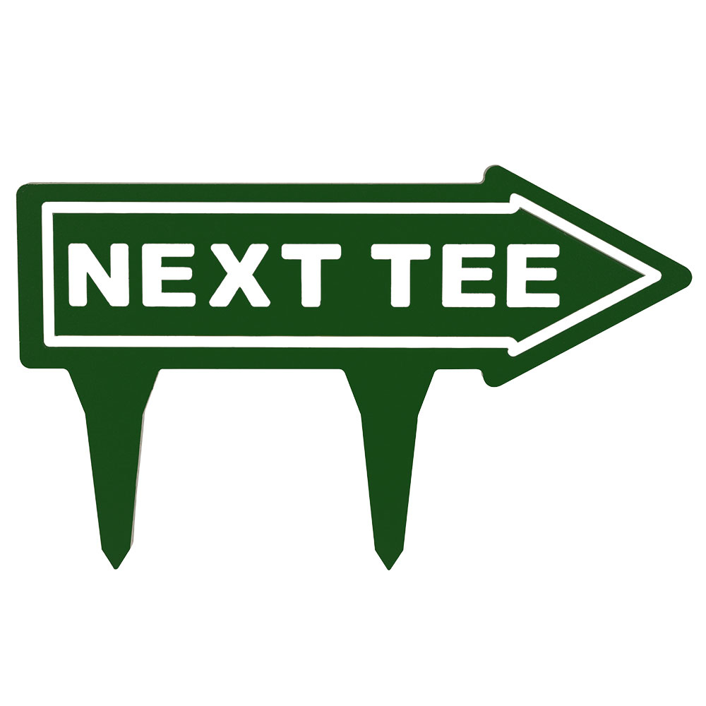 15" engraved plastic direction arrow - "next tee" - green with white