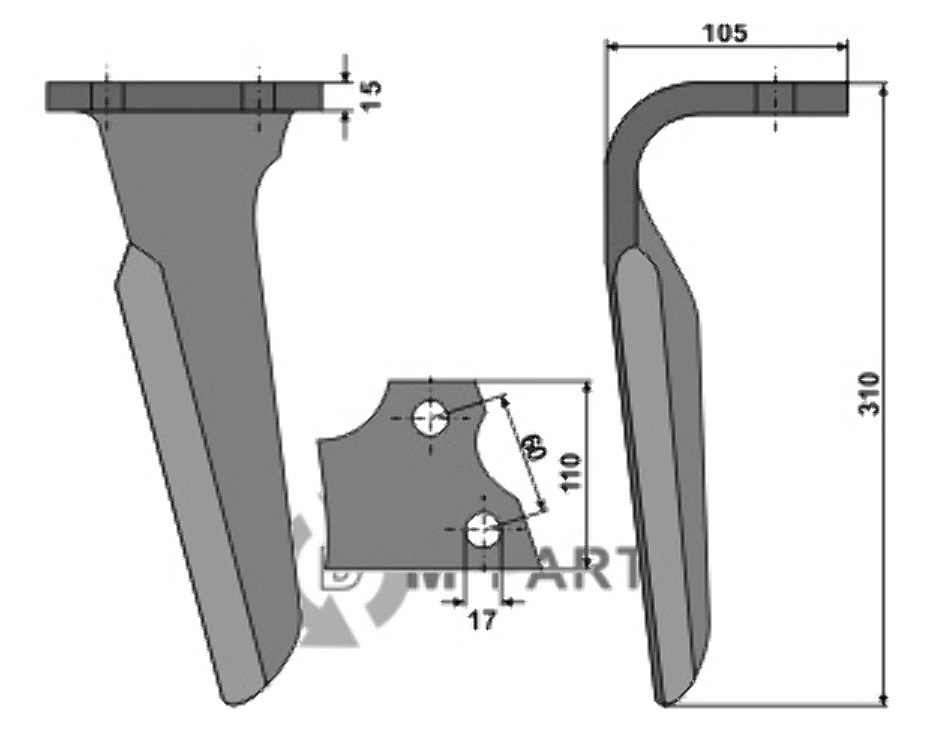 Tine for rotary harrows, right model fitting for Alpego 03000D