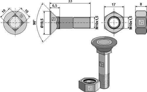 Ploegbout M10x1,5x33 met zeskantmoer passend voor Lemken 3015767