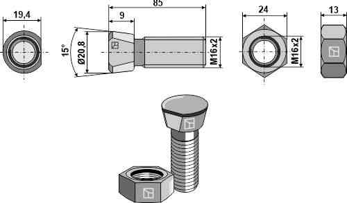 Ploegbout M16 x 2 x 85 met zeskantmoer passend voor Kverneland KK031985