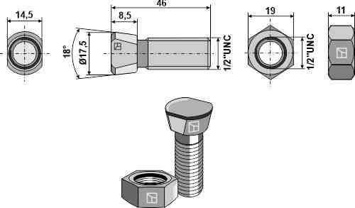 Ploegbout 1/2''uncx46 met zeskantmoer