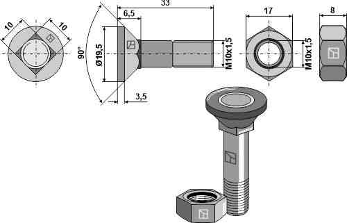 Ploegbout M10x1,5x33 met zeskantmoer passend voor Lemken 3015721