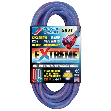 50', 12/3 sjeow, 1875 watts, extreme extension cord, lighted end, blue