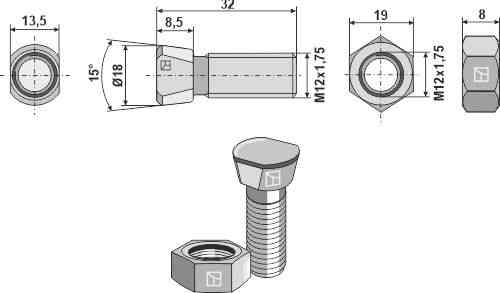 Ploegbout M12x1,75x32 met zeskantmoer passend voor Niemeyer 502500