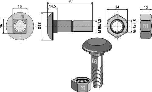 Bout M16 x 1,5 x 90 met zeskantmoer