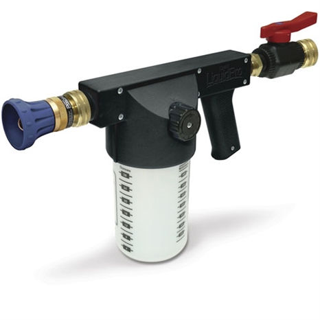 Underhill liquidpro wetting agent applicator gun - control on/off - cloudburst nozzle - high flow valve - 3/4in inlet - 1'mht x 3/4in fht adapter & 3/4in mht x quick connect