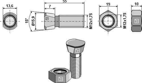 Ploegbout M12x1,75x55 met zeskantmoer passend voor Kverneland KK013255