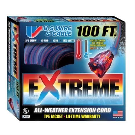 100', 12/3 sjeow, 1875 watts, extreme extension cord, lighted end, blue