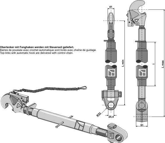 Top-links with automatic hook and swivelling tie-rod M30 x 3,5