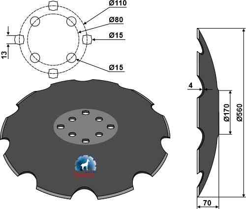 Notched disc with flat neck Ø560 fitting for Agrisem TCS-DIS-537