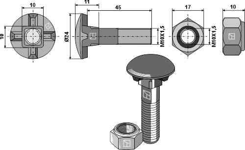 Plough bolt M10 x 1,5 x 45 and hexagon nut