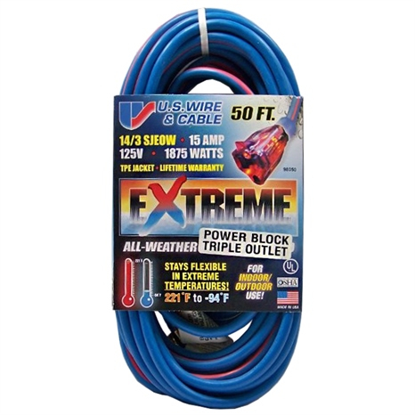 50', 14/3 sjeow, 1875 watts, extreme extension cord, lighted end, blue