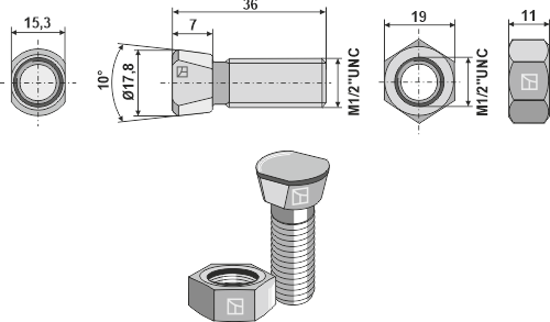 Ploegbout 1/2''UNCx36 met zeskantmoer 1235UNC