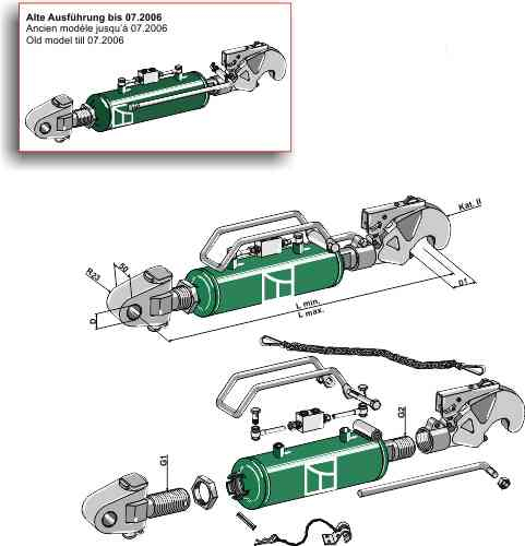 Hydraulic top-link with hook and swivelling tie-rod