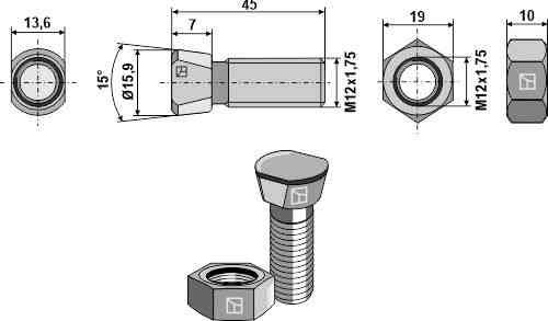 Ploegbout M12x1,75x45 met zeskantmoer passend voor Kverneland KK013244