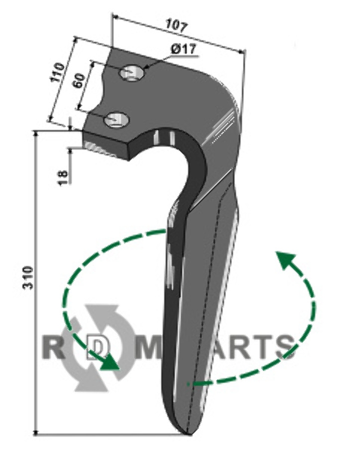 Tine for rotary harrows, left model fitting for Alpego 07400