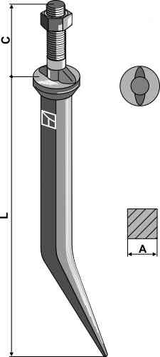 Harrow tooth from boron steel, neck with 2 snugs along the direction of motion