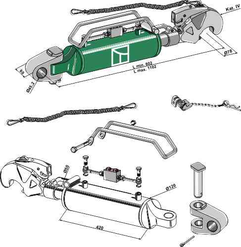 Hydraulic top-link with hook and swivelling tie-rod