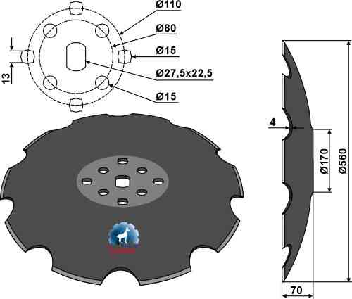 Notched disc with flat neck Ø560 fitting for Agrisem TCS-DIS-531