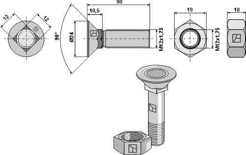 Pflugschraube M12x1,75x90 und Sechskantmutter