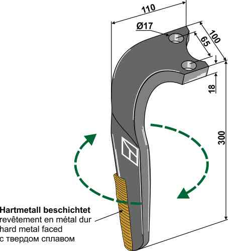 Hard metal faced tine for rotary harrows, right model fitting for Rabe 8411.62.07