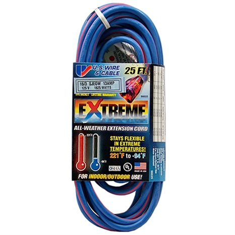 25', 16/3 sjeow, 1625 watts, extreme extension cord, lighted end, blue