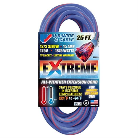 25', 12/3 sjeow, 1875 watts, extreme extension cord, lighted end, blue