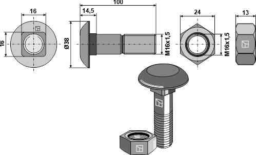 Bout M16x1,5x100 met zeskantmoer