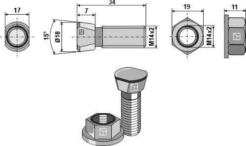 Plough bolt M14x2x34 with collar nut fitting for Kverneland Schraube: KK013332 / KK013333 - Mutter: KK016015